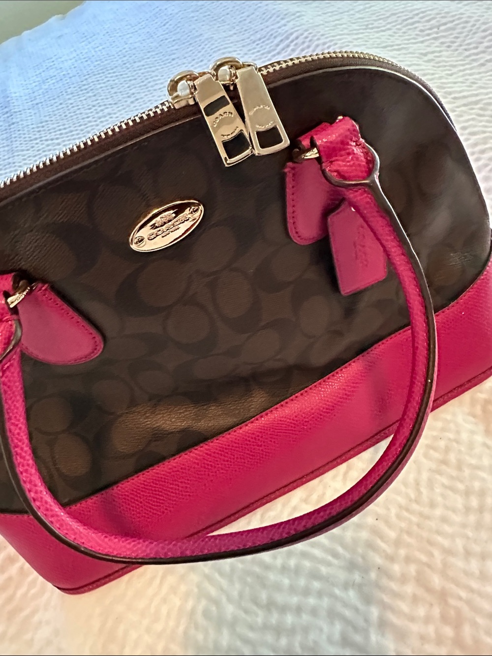 Coach Brown Signature Satchel with Pink Trim and Handles - Picture 6 of 7